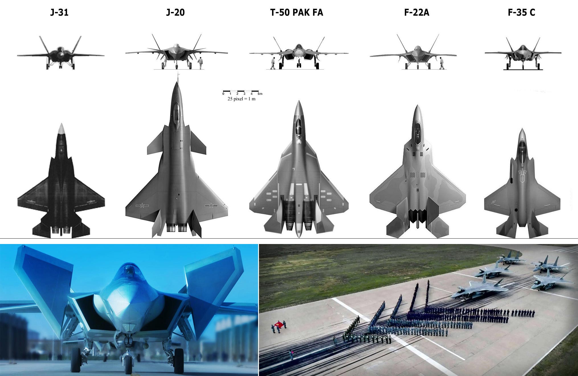 资料图：上图为美媒报道的（从左至右）中国歼-31、歼-20战机与俄罗斯T-50（已命名为苏-57）、美国F-22A与F-35C（海军型）尺寸对比示意图。下左图为中国空军新一代隐身战斗机歼-20滑出（新华网资料照片）。下右图为中国空军歼-20、歼-16飞行员集体宣誓（新华网资料照片）。中国空军新闻发言人申进科2月9日发布消息，中国自主研制的新一代隐身战斗机歼-20，开始列装空军作战部队，向全面形成作