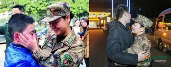 （左）2014年，11岁的儿子送宋彩萍参加援非抗埃任务。（右）2020年1月24日，除夕夜，17岁的儿子给即将奔赴武汉的妈妈一个紧紧的拥抱。